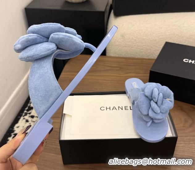 Low Price Chanel Light Blue Camellia Flower Flat Thong Sandals 6052102