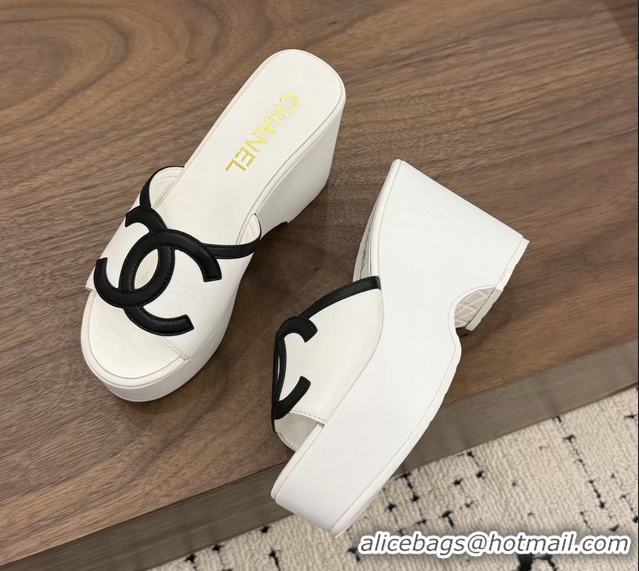 Classic Chanel CC Logo White Leather Platform Mules Sandals 6052103