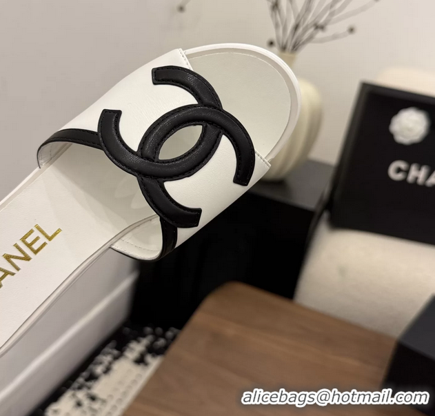 Classic Chanel CC Logo White Leather Platform Mules Sandals 6052103