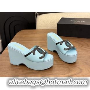 Good Quality Chanel CC Logo Light Blue Leather Platform Mules Sandals 6052103