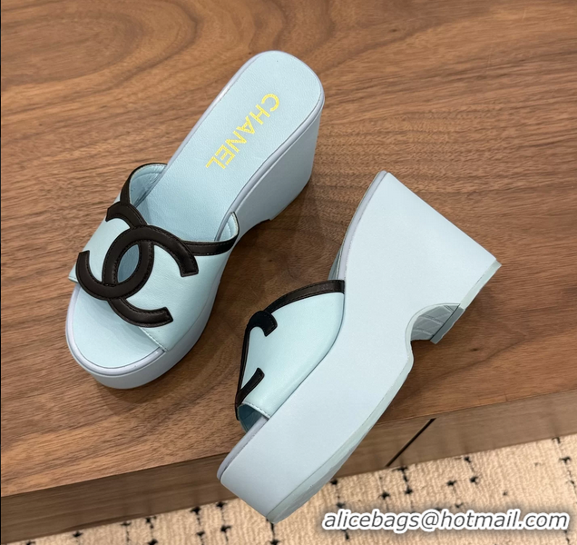 Good Quality Chanel CC Logo Light Blue Leather Platform Mules Sandals 6052103