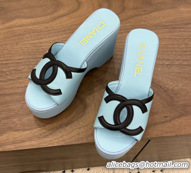 Good Quality Chanel CC Logo Light Blue Leather Platform Mules Sandals 6052103