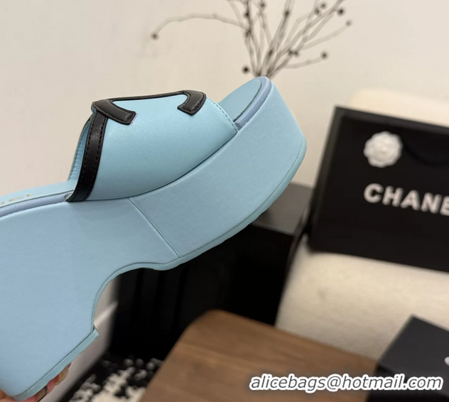 Good Quality Chanel CC Logo Light Blue Leather Platform Mules Sandals 6052103
