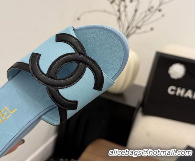 Good Quality Chanel CC Logo Light Blue Leather Platform Mules Sandals 6052103