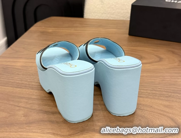 Good Quality Chanel CC Logo Light Blue Leather Platform Mules Sandals 6052103