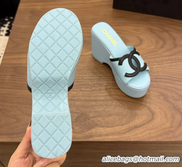 Good Quality Chanel CC Logo Light Blue Leather Platform Mules Sandals 6052103