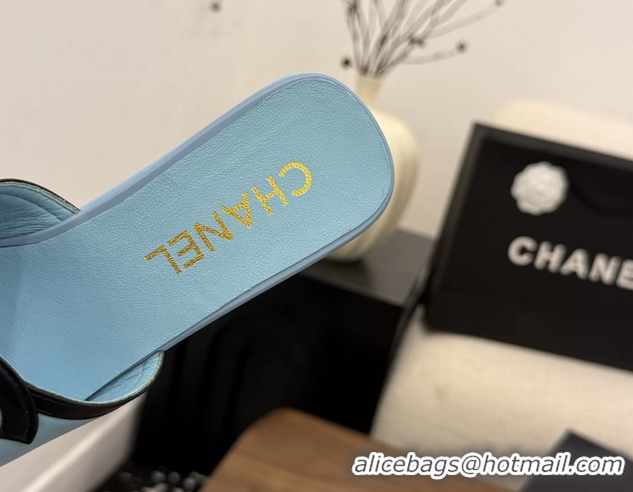 Good Quality Chanel CC Logo Light Blue Leather Platform Mules Sandals 6052103