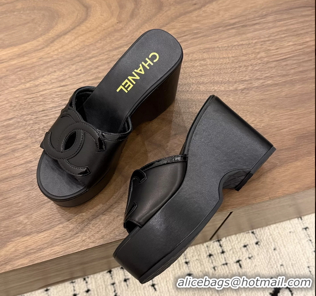 Unique Style Chanel CC Logo Black Leather Platform Mules Sandals 6052103