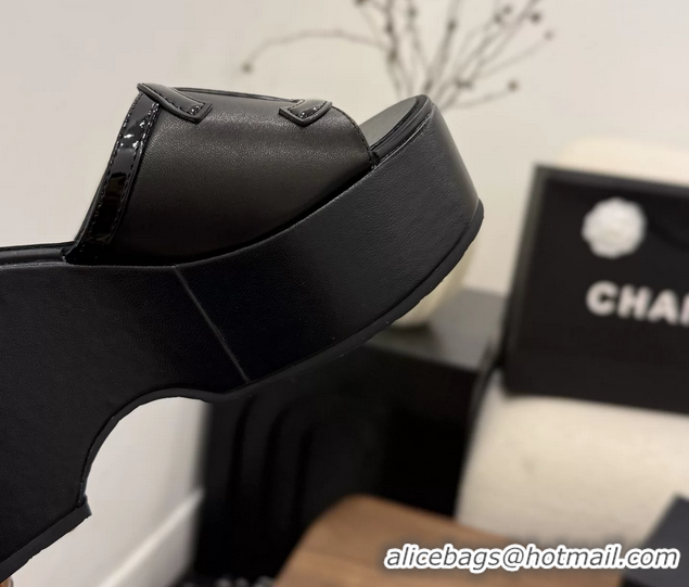 Unique Style Chanel CC Logo Black Leather Platform Mules Sandals 6052103