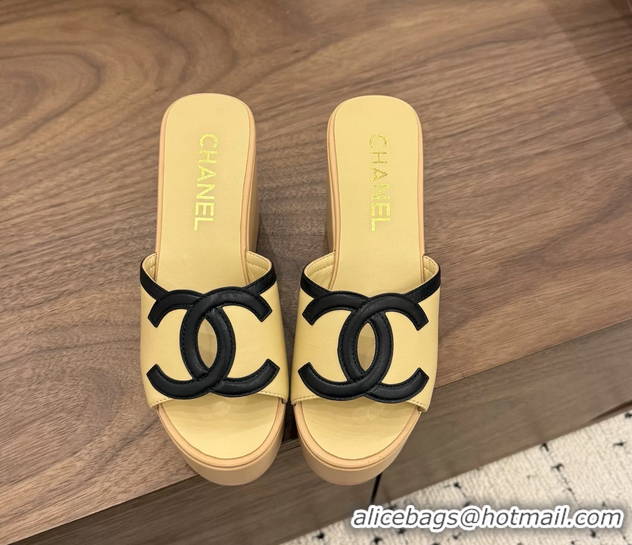 Best Product Chanel CC Logo Beige Leather Platform Mules Sandals 6052103