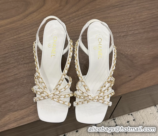 Discount Chanel CC Chain White Leather Slingback Sandal 80MM 6052104