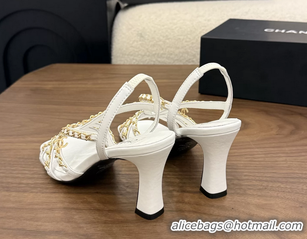 Discount Chanel CC Chain White Leather Slingback Sandal 80MM 6052104