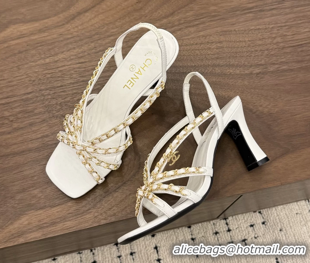 Discount Chanel CC Chain White Leather Slingback Sandal 80MM 6052104