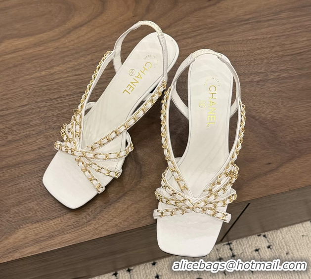 Discount Chanel CC Chain White Leather Slingback Sandal 80MM 6052104