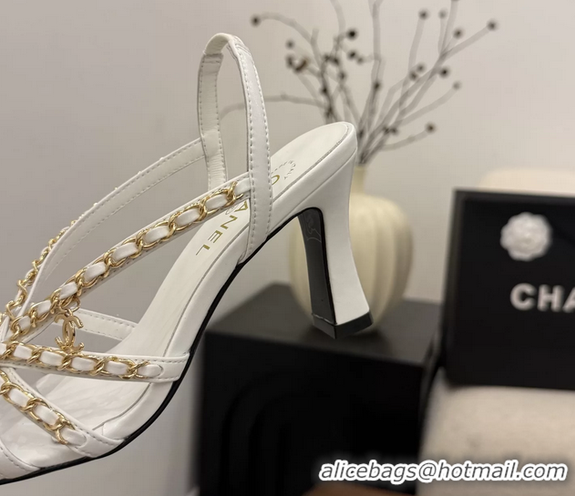 Discount Chanel CC Chain White Leather Slingback Sandal 80MM 6052104
