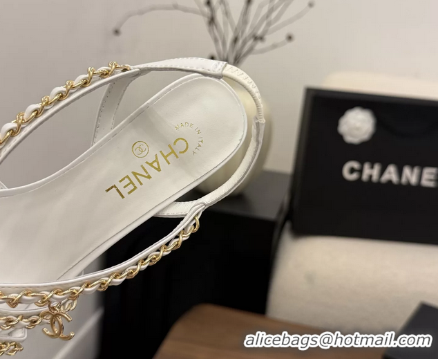 Discount Chanel CC Chain White Leather Slingback Sandal 80MM 6052104