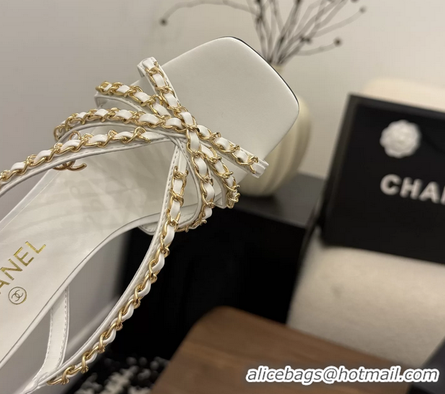 Discount Chanel CC Chain White Leather Slingback Sandal 80MM 6052104