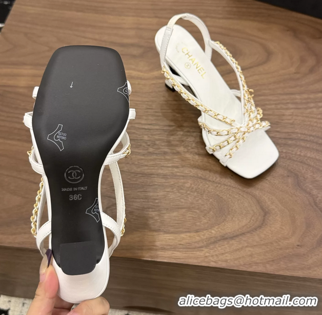 Discount Chanel CC Chain White Leather Slingback Sandal 80MM 6052104