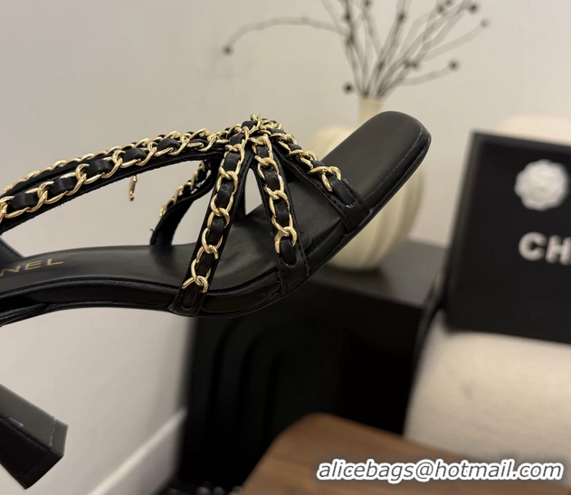 Buy Fashionable Chanel CC Chain Black Leather Slingback Sandal 80MM 6052104