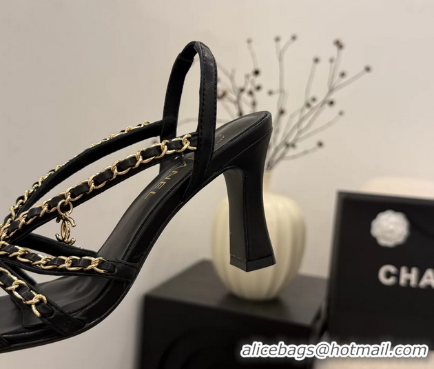 Buy Fashionable Chanel CC Chain Black Leather Slingback Sandal 80MM 6052104