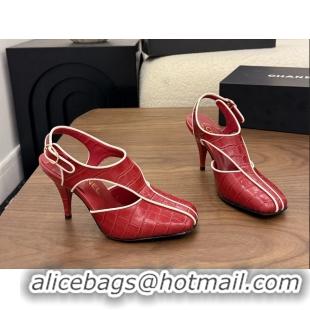 Discount Fashion Chanel Red Crocodile Embossed Calfskin Leather Slingback Pumps 90MM 6052105