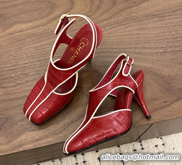 Discount Fashion Chanel Red Crocodile Embossed Calfskin Leather Slingback Pumps 90MM 6052105