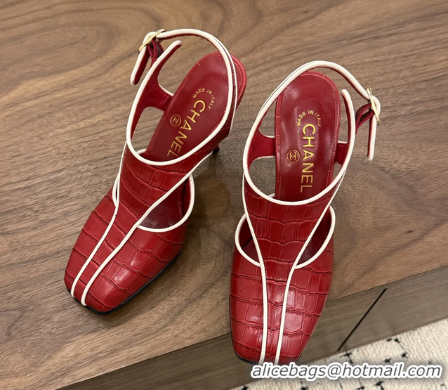 Discount Fashion Chanel Red Crocodile Embossed Calfskin Leather Slingback Pumps 90MM 6052105