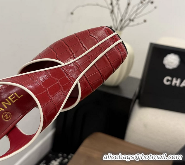 Discount Fashion Chanel Red Crocodile Embossed Calfskin Leather Slingback Pumps 90MM 6052105