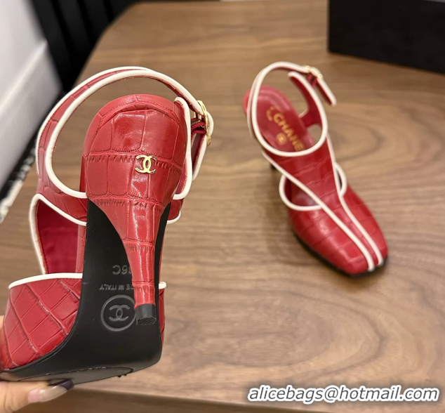 Discount Fashion Chanel Red Crocodile Embossed Calfskin Leather Slingback Pumps 90MM 6052105