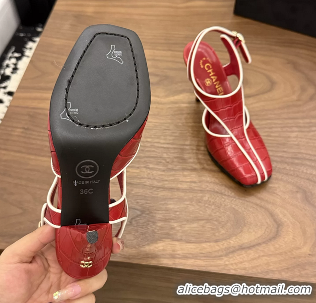 Discount Fashion Chanel Red Crocodile Embossed Calfskin Leather Slingback Pumps 90MM 6052105