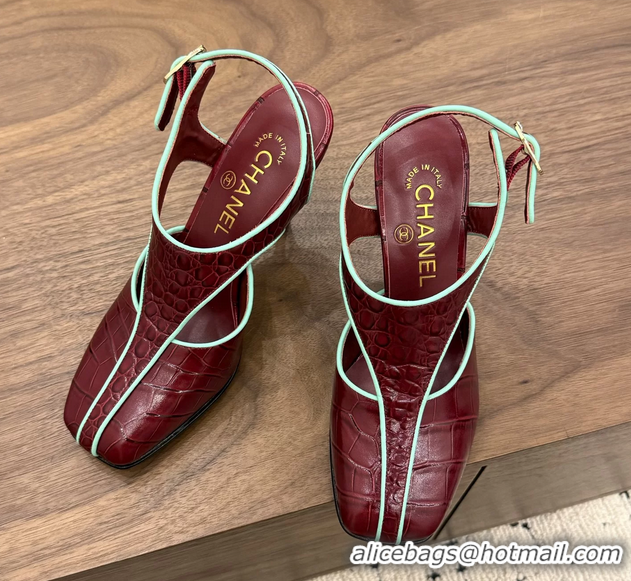 Classic Chanel Burgundy Crocodile Embossed Calfskin Leather Slingback Pumps 90MM 6052105