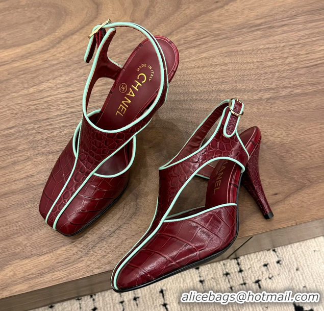 Classic Chanel Burgundy Crocodile Embossed Calfskin Leather Slingback Pumps 90MM 6052105