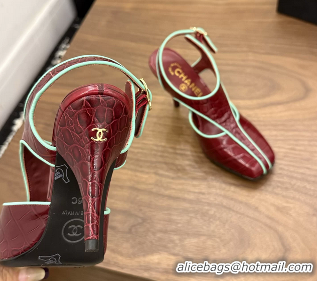 Classic Chanel Burgundy Crocodile Embossed Calfskin Leather Slingback Pumps 90MM 6052105