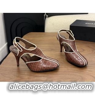 Shop Cheap Chanel Brown Crocodile Embossed Calfskin Leather Slingback Pumps 90MM 6052105