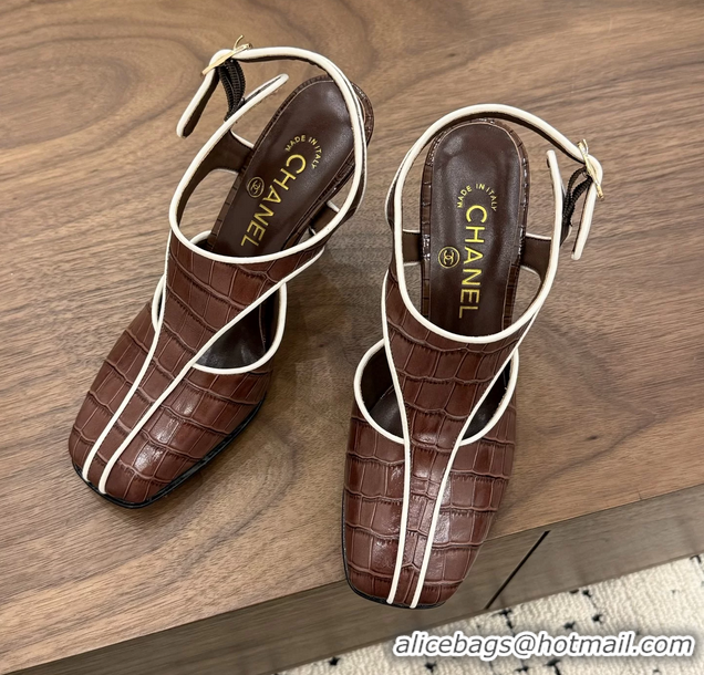 Shop Cheap Chanel Brown Crocodile Embossed Calfskin Leather Slingback Pumps 90MM 6052105