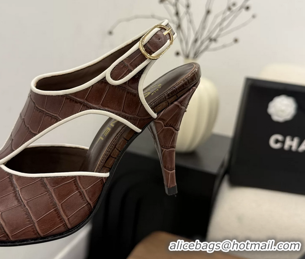 Shop Cheap Chanel Brown Crocodile Embossed Calfskin Leather Slingback Pumps 90MM 6052105