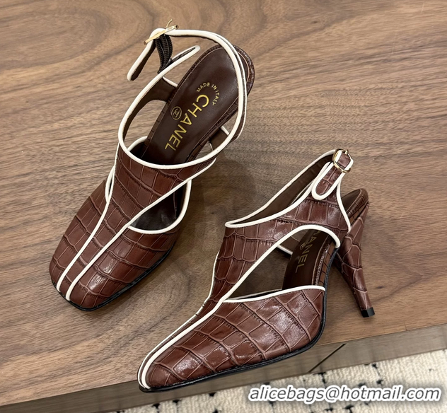 Shop Cheap Chanel Brown Crocodile Embossed Calfskin Leather Slingback Pumps 90MM 6052105