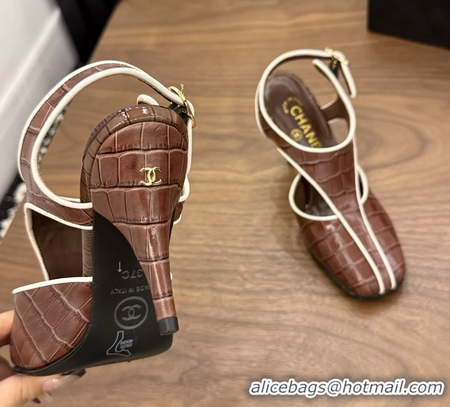 Shop Cheap Chanel Brown Crocodile Embossed Calfskin Leather Slingback Pumps 90MM 6052105