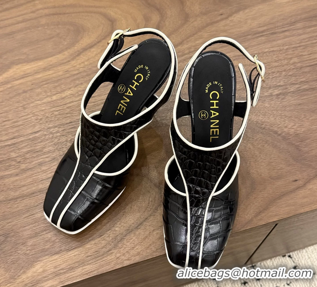 Fashion Chanel Black Crocodile Embossed Calfskin Leather Slingback Pumps 90MM 6052105