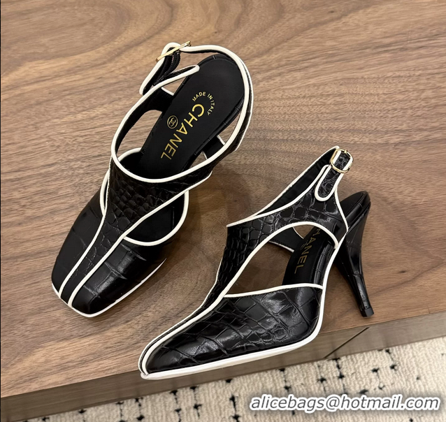 Fashion Chanel Black Crocodile Embossed Calfskin Leather Slingback Pumps 90MM 6052105