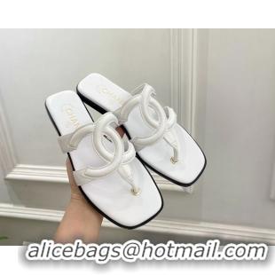 Top Grade Chanel Large CC Logo White Leather Flat Thong Sandals 6052106
