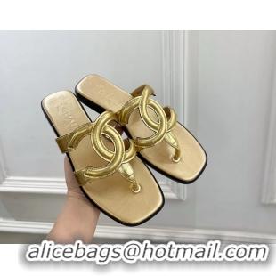 Durable Chanel Large CC Logo Gold Metallic Leather Flat Thong Sandals 6052106