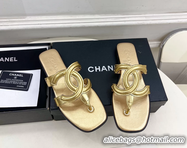 Durable Chanel Large CC Logo Gold Metallic Leather Flat Thong Sandals 6052106