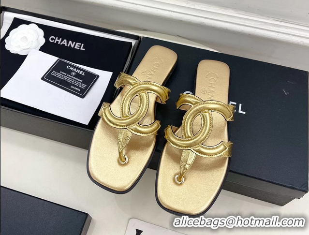 Durable Chanel Large CC Logo Gold Metallic Leather Flat Thong Sandals 6052106
