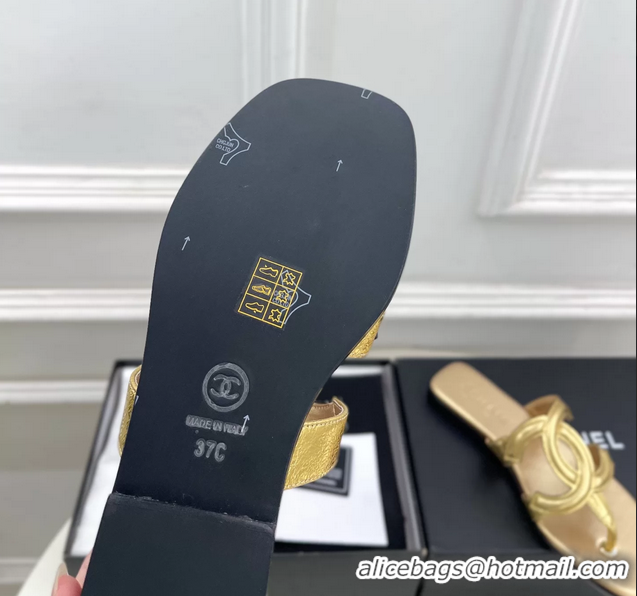 Durable Chanel Large CC Logo Gold Metallic Leather Flat Thong Sandals 6052106