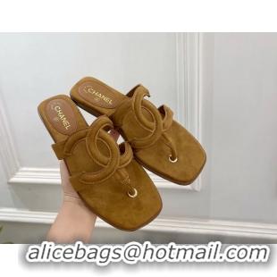 Comfortable Chanel Large CC Logo Brown Suede Leather Flat Thong Sandals 6052106