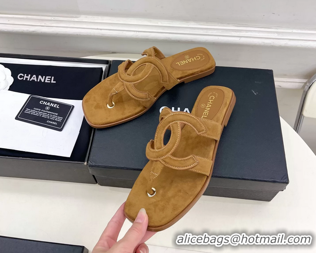 Comfortable Chanel Large CC Logo Brown Suede Leather Flat Thong Sandals 6052106
