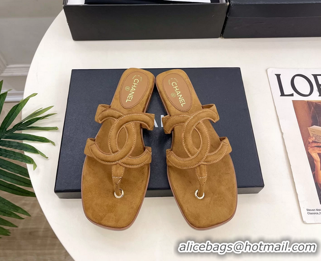 Comfortable Chanel Large CC Logo Brown Suede Leather Flat Thong Sandals 6052106