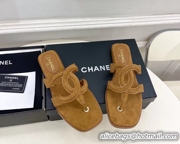 Comfortable Chanel Large CC Logo Brown Suede Leather Flat Thong Sandals 6052106