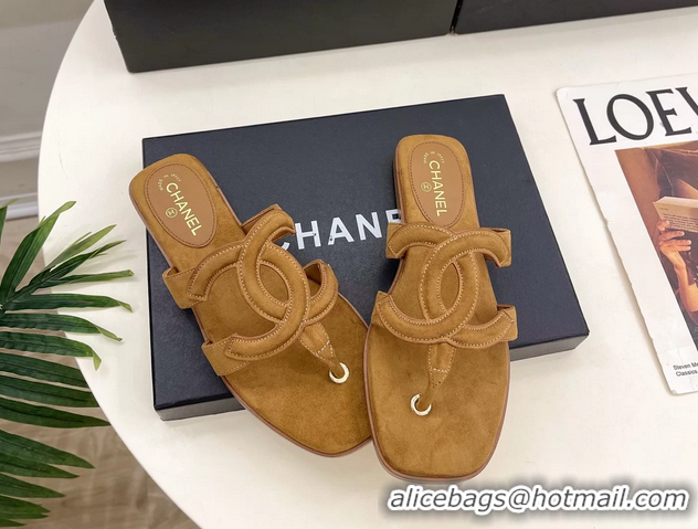 Comfortable Chanel Large CC Logo Brown Suede Leather Flat Thong Sandals 6052106